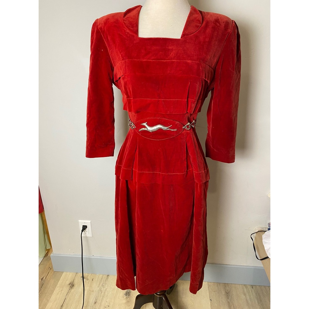 Vintage 1940s Red Velvet Peplum Dress with Original Greyhound Belt Red Medium